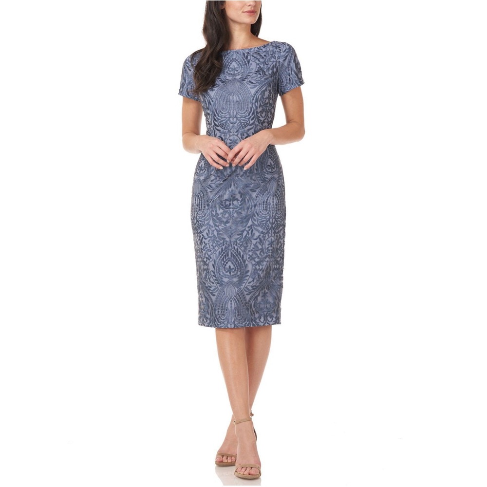NWOT JS COLLECTIONS Blue Lace Embroidered Boat Neck Cocktail Sheath Dress 4